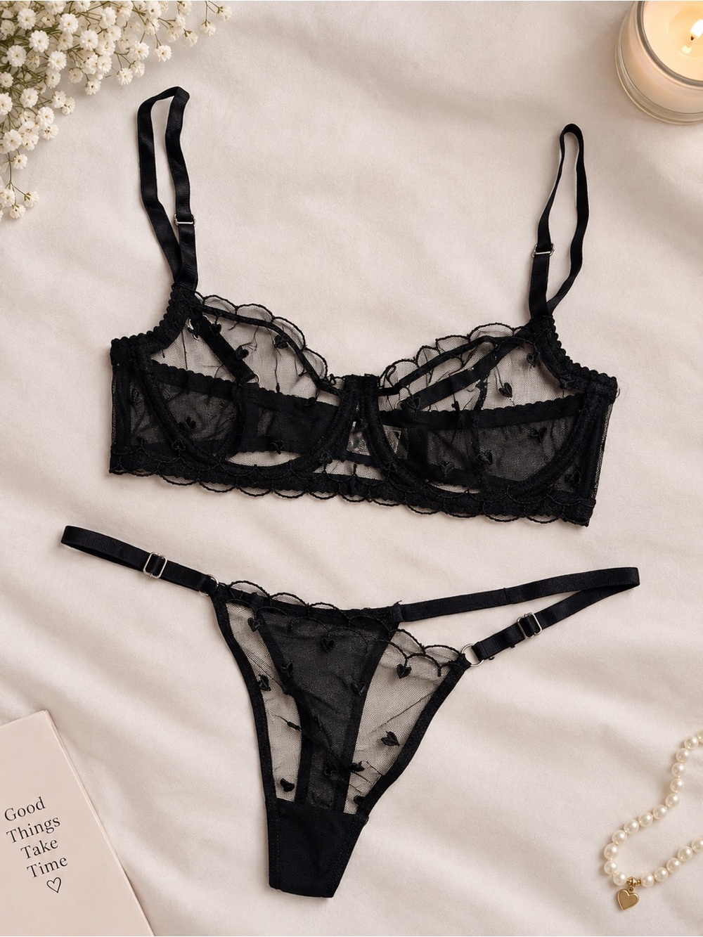 Delicate Sheer Black Lace Underwire Bra & Thong Set
